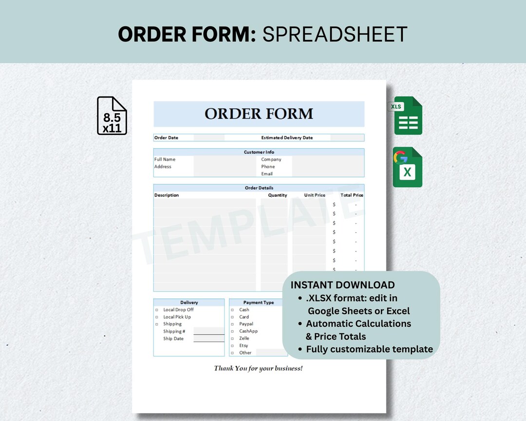 Order Form Template: Spreadsheet for Excel & Google Sheets, Editable ...