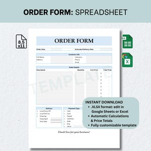 Puede incluir: Una plantilla de formulario de pedido imprimible con el texto "ORDER FORM" en la parte superior. El formulario incluye secciones para información del cliente, detalles del pedido, entrega y tipo de pago. El formulario es de tamaño A4.