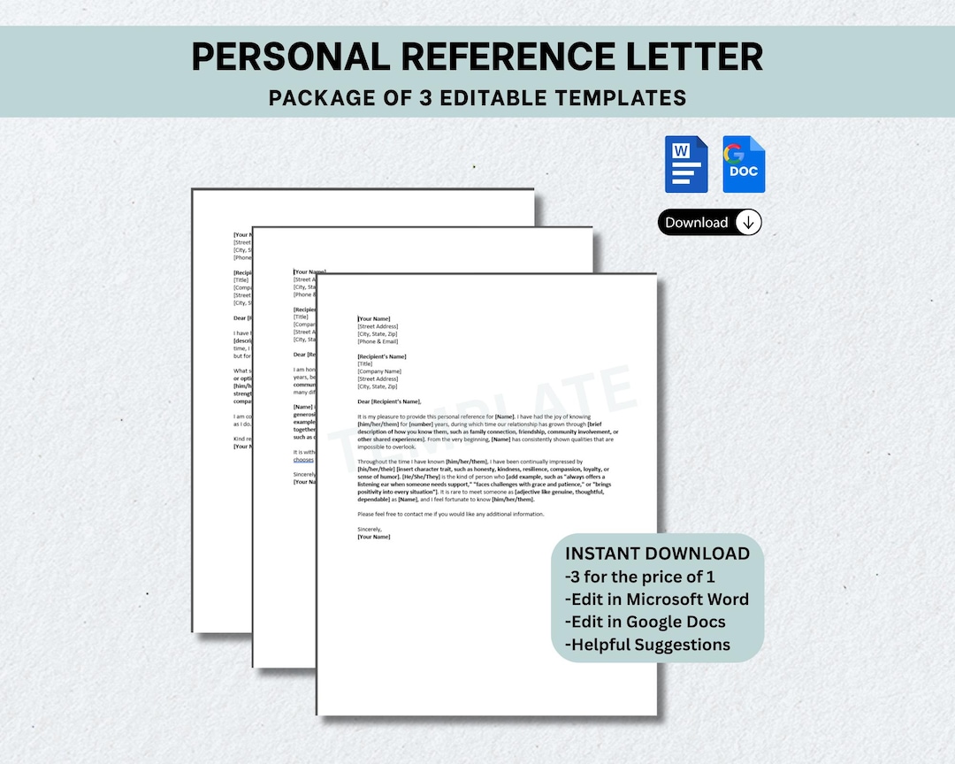 Personal Reference Letter Template 3 Pack, Letter of Recommendation ...