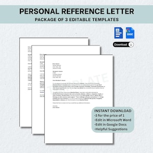 Personal Reference Letter Template 3 Pack, Letter of Recommendation, Character, Simple, Download, Editable, Printable in Word, Google Docs