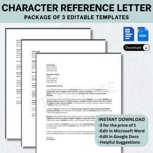 Plantilla de carta de recomendación (paquete de 3), carta de recomendación para tribunales, descarga fácil y editable, imprimible en Word y Google Docs.