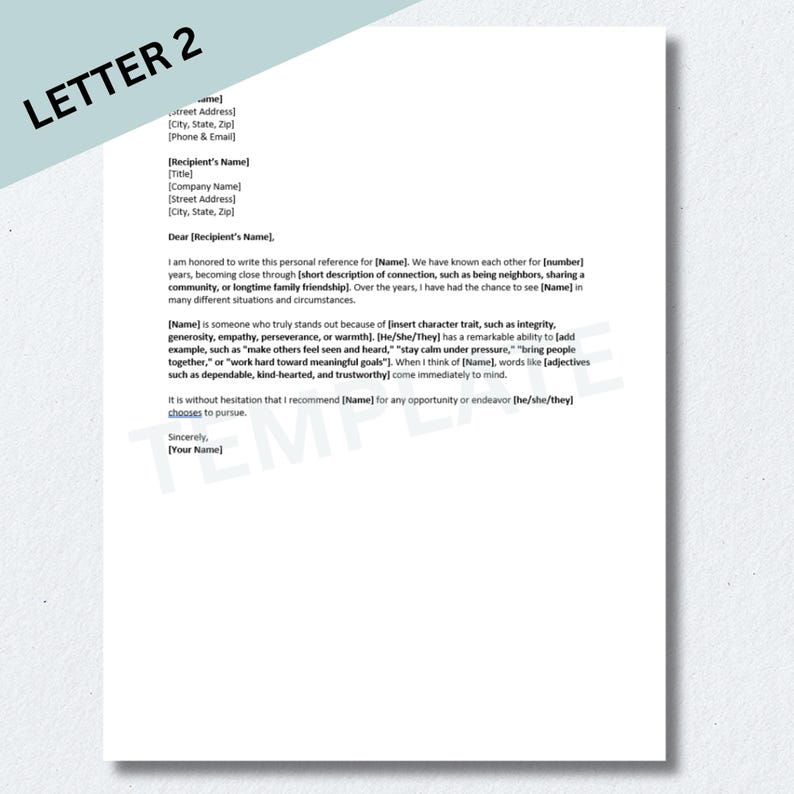 Personal Reference Letter Template 3 Pack, Letter of Recommendation ...