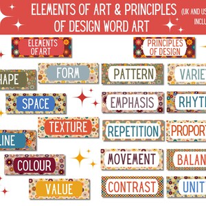 Wall Word Art, Set of Principles of Design and Elements of Art in Retro Floral Style, For Elementary, Primary and Secondary Art classrooms.