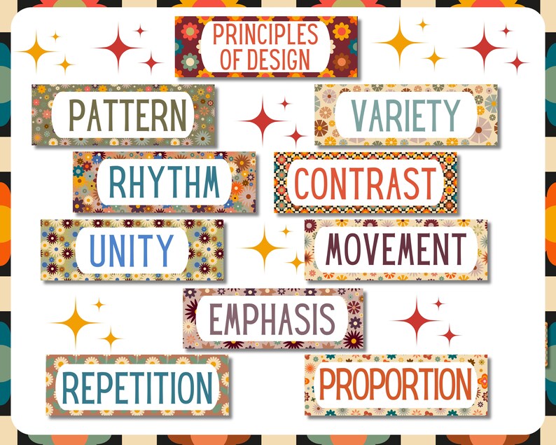 Wall Word Art, Set of Principles of Design and Elements of Art in Retro ...