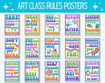 May include: A set of 12 colorful posters with art class rules for students. The posters have a retro 70s style with bold fonts and illustrations. The rules include "Take Risks and Learn from Your Mistakes", "Wear an Art Apron for Messy Activities", "Use the Tools and Supplies as they are Intended", "Clean Up After Yourself", "Listen Carefully and Always Follow Instructions", "Don't Forget to Name Your Work", "Put Lids Back on Markers, Glue, and Paints", "Tidy Art Materials Away After Use", "Challenge Yourself and Have Fun!", "Imagine, Experiment and Enjoy Your Creativity", "Respect Yourself, Others and Our Classroom Materials", "Always Do Your Best Work", "Stay Focused on Your Work", "Work Quietly in the Art Room", and "Arrive for Your Art Lesson on Time!"