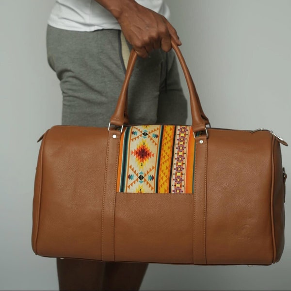 Sac de voyage personnalisé en cuir Homme/ Femme à motifs africains fait main au Senegal 40L Tissu recyclé Dono3D