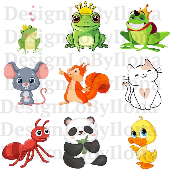 18 animals print PNG, frog, mouse, squirrel, cat, ant, panda, duck, giraffe, hedgehog, butterfly, turtle, elephant, lion, tiger, dinosaur