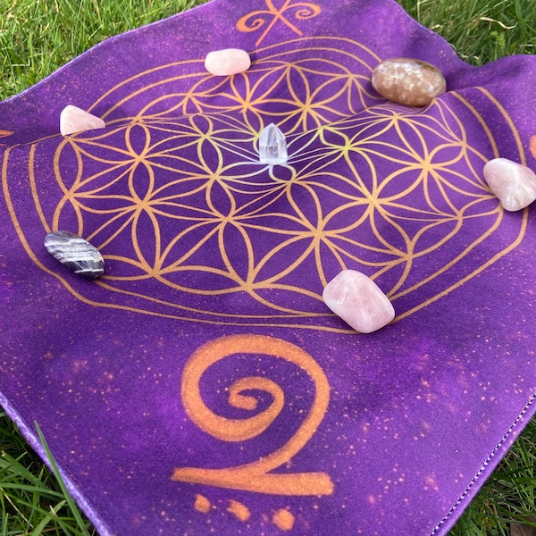 Altar cloth/ crystal grid with Flower of Life and Zibu symbols