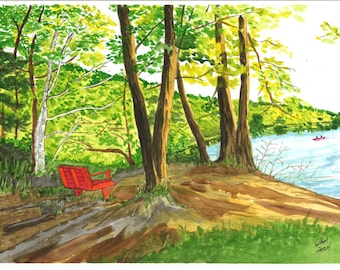 Watercolor: " Park Bench on Bluff";  signed, original painting; ready to frame wall decor