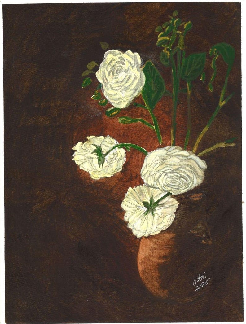 Watercolor: "Peonies on Leather" signed, original impressionist painting; ready to frame wall decor image 1