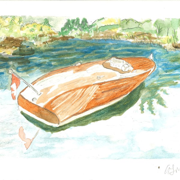 Signed watercolor art, "Classic Wooden Boat", ready to frame