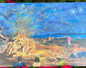 Note card: Bonfire on the Beach;  5 x 7  blank inside, w/envelope; printed from original water color painting