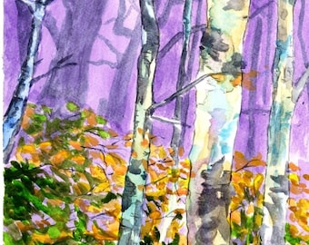Watercolor: Beech Trees in Purple; signed, original painting;  ready to frame, abstract art