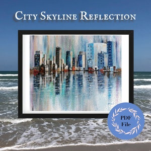 May include: A framed painting of a city skyline reflected in water. The skyline is made up of tall buildings in shades of blue, gray, and white. The water is a deep blue with a slight ripple effect. The painting is set against a backdrop of a blue sky and white clouds.