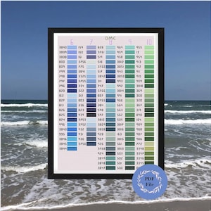 Puede incluir: Un gráfico enmarcado con códigos de color de hilo DMC, con un degradado de azules y verdes. El gráfico incluye números y muestras de color, con un logotipo de "Archivo PDF". El marco es negro.