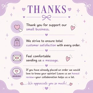 May include: A lilac-colored graphic with the word "THANKS" at the top. The image includes text thanking customers for supporting a small business, ensuring customer satisfaction, encouraging messages, and requesting honest reviews.