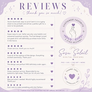 May include: A digital design review graphic with a light purple background. The text reads "Reviews" and "Thank you so much!" with customer testimonials. Includes a "Customer Favorite" badge and the "Sosu Soleil Digital Designs" logo.