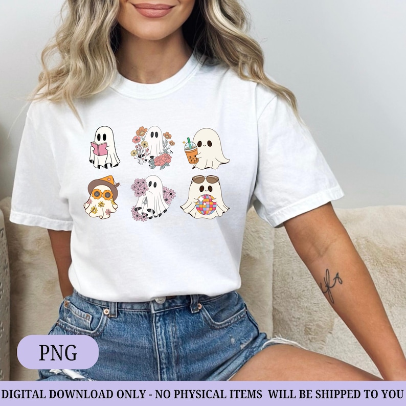 May include: White t-shirt featuring a collection of cartoon ghosts, each with unique accessories and expressions. One ghost reads a book, another is surrounded by flowers, and another holds a drink. The shirt has the text "PNG" at the bottom.