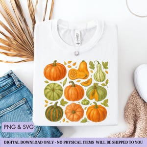 May include: White t-shirt featuring a colorful illustration of various pumpkins and gourds in shades of orange and green. The design includes a variety of pumpkin shapes and sizes, with fall leaves. The text "PNG & SVG" is visible. The text "DIGITAL DOWNLOAD ONLY - NO PHYSICAL ITEMS WILL BE SHIPPED TO YOU" is also visible.