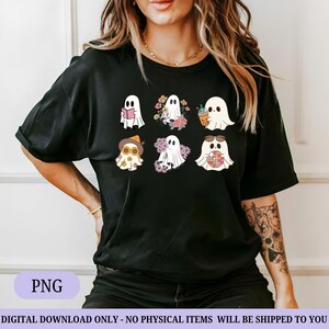 May include: Black t-shirt featuring a collection of cartoon ghosts with various accessories and expressions. Some ghosts are holding books, flowers, and drinks. The shirt has the text "PNG" and "DIGITAL DOWNLOAD ONLY - NO PHYSICAL ITEMS WILL BE SHIPPED TO YOU".