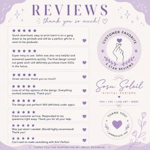 May include: A digital design review graphic with a light purple background. The text reads "Reviews" and "Thank you so much!" with customer feedback and star ratings. Includes a "Customer Favorite" badge and the brand logo.