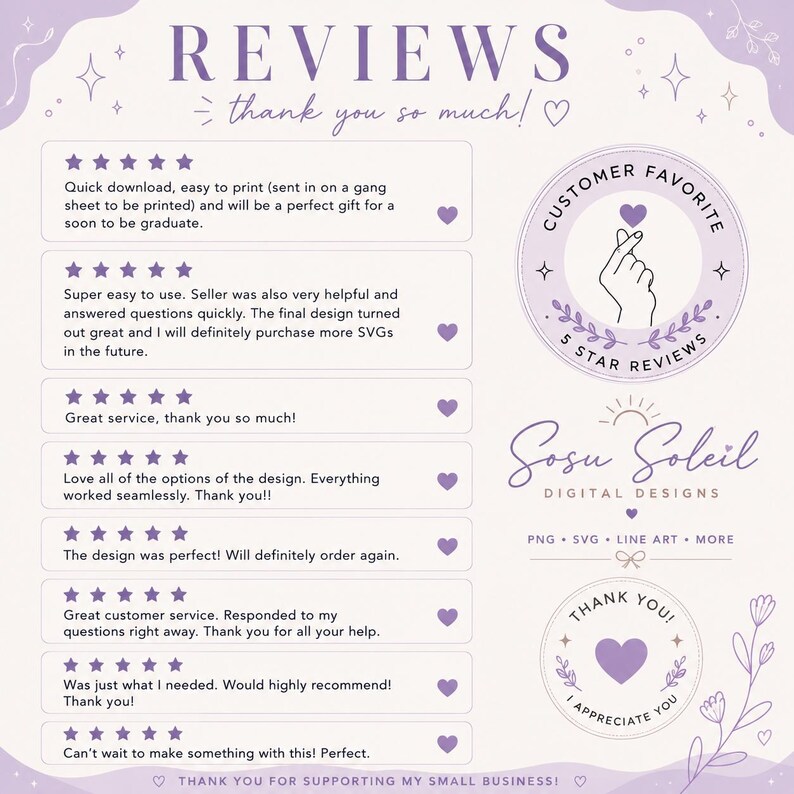 May include: A digital design review graphic with a light purple background. The text reads "Reviews" and "Thank you so much!" with customer feedback and star ratings. Includes a "Customer Favorite" badge and the brand logo.