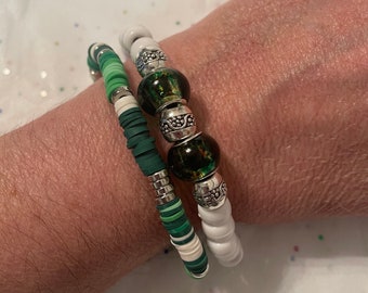 Green Glass Beads | 2 Bracelet Set | Glass Beads Bracelet  | Heishi & Pony Beads Bracelets Set | Stretch Bracelet | Great Gift Idea