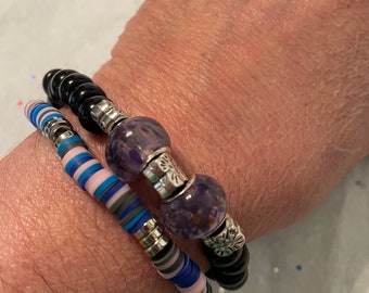 Purple Glass Beads & Heishi Confetti Beads 2 Bracelets Set | Heishi Beads Bracelet | Pony Bead Bracelet | Stretch Bracelet | Great Gift Idea