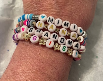 Gifts for Mom, Mama, Grandma, Nana, Mimi, Gigi, etc. Bracelet | Custom Name Bracelet | Heishi Beads Bracelet | Stretch Bracelet | Great Gift