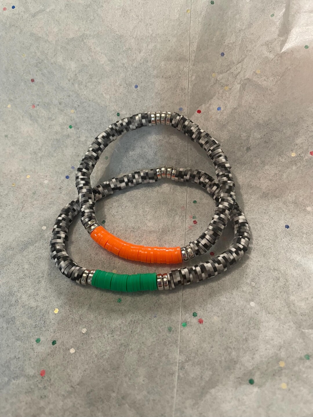 Go Rattlers | Orange, Green and Black Speckled Heishi Beaded 2 Bracelet ...