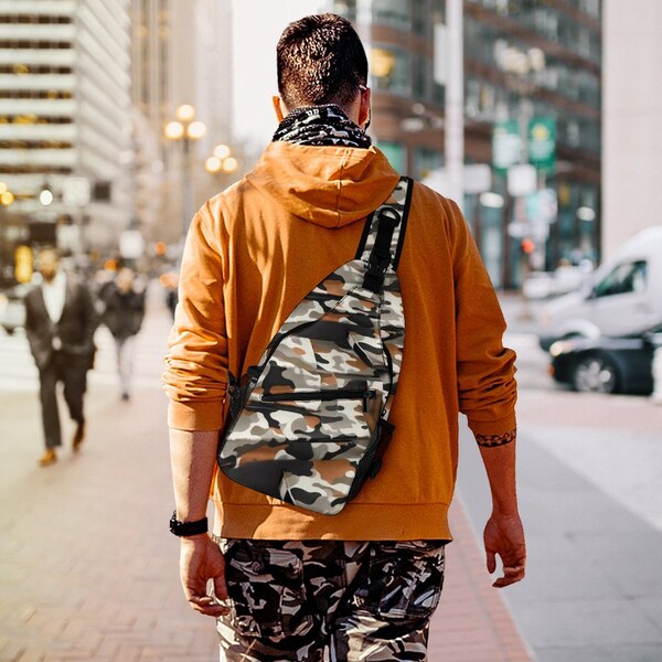 Sleek Modern Camouflage Sling Backpack - Versatile Urban Chic Messenger Bag with Ample Storage, Adjustable Comfort Sponge Shoulder Strap