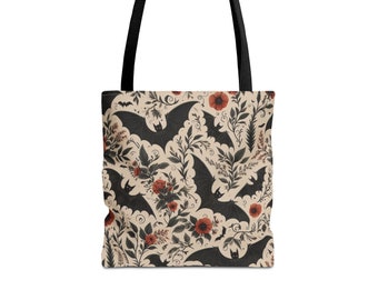 Bat Print Tote Bag: Gothic Halloween Purse, Dark Academia Style