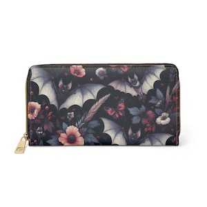 Cartera con estampado de murciélagos, accesorios con estampado de murciélagos, regalos para amantes de los murciélagos, cartera gótica, cartera de brujas, Cottagecore gótico, cuero vegano con tema de la Academia Oscura