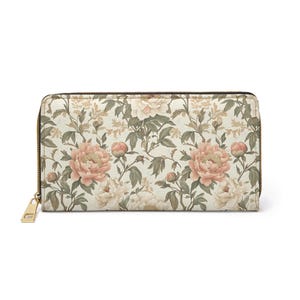 Cartera con cremallera de diseño vintage, accesorios verde salvia, delicado estampado de peonías, clutch grande de piel vegana, accesorios de boda, dama de honor