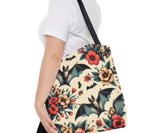 Bat Print Tote Bag: Gothic Halloween Purse, Dark Academia Accessory