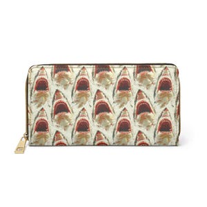 Cartera de tiburón, cartera de verano con cremallera, regalo para amantes de los tiburones blancos, accesorios de terror, cartera náutica, regalos únicos, tiburones, cartera de cuero vegano