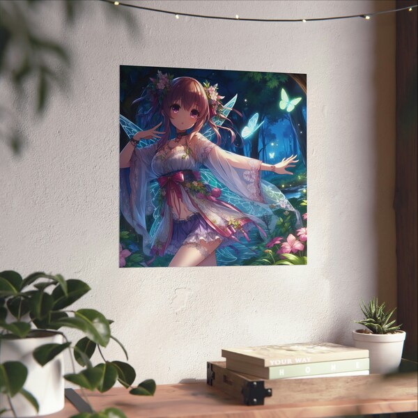 Moonlight Fairy Poster, Magical Designs, Anime Fairy Decor, Fantasy Home Decor, 18x18, 20x20, 23x23, 24x24, High Quality, Square Poster