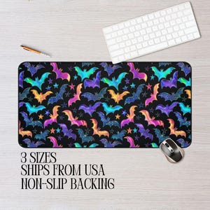 Desk Mat, Mouse Pad, Halloween Home Decor, Goth Office Decor, Gothic Mousepad, Bats Desk Decor, Neon Bat, Nocturnal Designs
