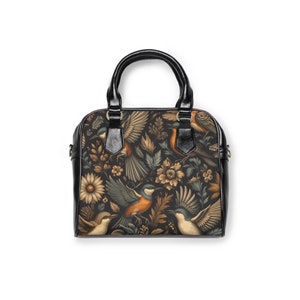 Wild Birds Vintage Pattern Handbag, Witchy Purse, Crow Accessories, Dark Academia Cottagecore Boho Tote, PU Leather Crossbody, Unique Design