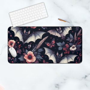 Cottagecore Spooky Bat Desk Mat, Dark Academia Desk Mat, Dark Moth Black Aesthetic, Goth Gamer Pad, Goth Mouse Pad, Goblincore Decor