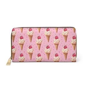 Cartera con cremallera de helado rosa y chispas, clutch de verano, accesorios retro, cartera grande de tela, regalos únicos para ella, bonito diseño vintage.