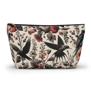 Dark Cottagecore, Vintage Inspired Accessory Pouch, Bird Print Pencil Pouch, Floral Accessories, Makeup Bag, Zipper Pouch, Gifts Fore Her
