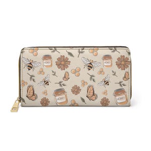 Accesorios de mariposa, billetera grande con cremallera de abejas y miel, accesorios en color canela, lindos y modernos, bolso de mano de verano, bolso cottagecore, abeja de miel