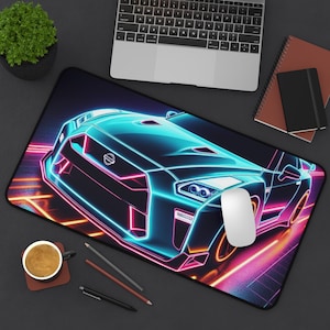 May include: A neon blue and pink car with a black background. The car is a sports car with a large front grill and headlights. The car is surrounded by neon lights.