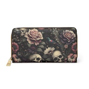 Cartera de pájaros Goth Cottagecore, Accesorios de la Academia Oscura, Monedero Goblincore, Monedero de Brujas, Regalos de Amante Espeluznante, Cráneo Floral, Estética de la Naturaleza