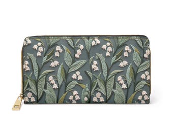 Vegan Leather Wallet, Large Zipper Wallet, Cute Summer Accessories, Spring Clutch, Nature Wallet, Matching Lilly of the Valley Accessories