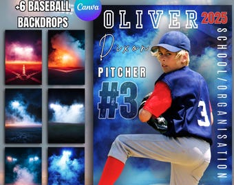 May include: A baseball poster template with a blue and white background featuring a young baseball player in a red, white, and blue uniform. The text on the poster reads "Oliver Dixon Pitcher #3 2025 School/Organisation".