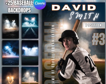 Baseball Player Poster Template Canva Editable | Senior Night Sports Poster, Baseball Backdrop Bundle, Team Photo Design Download