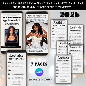 May include: A digital template for booking appointments, featuring a calendar design with the text "Available Appointments" and "Editable in Canva." The design includes images of a woman and a calendar for the year 2026.