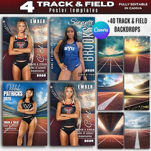 May include: Four track and field poster templates featuring athletes in action on a running track. The posters are fully editable in Canva and include over 40 track and field backdrops.